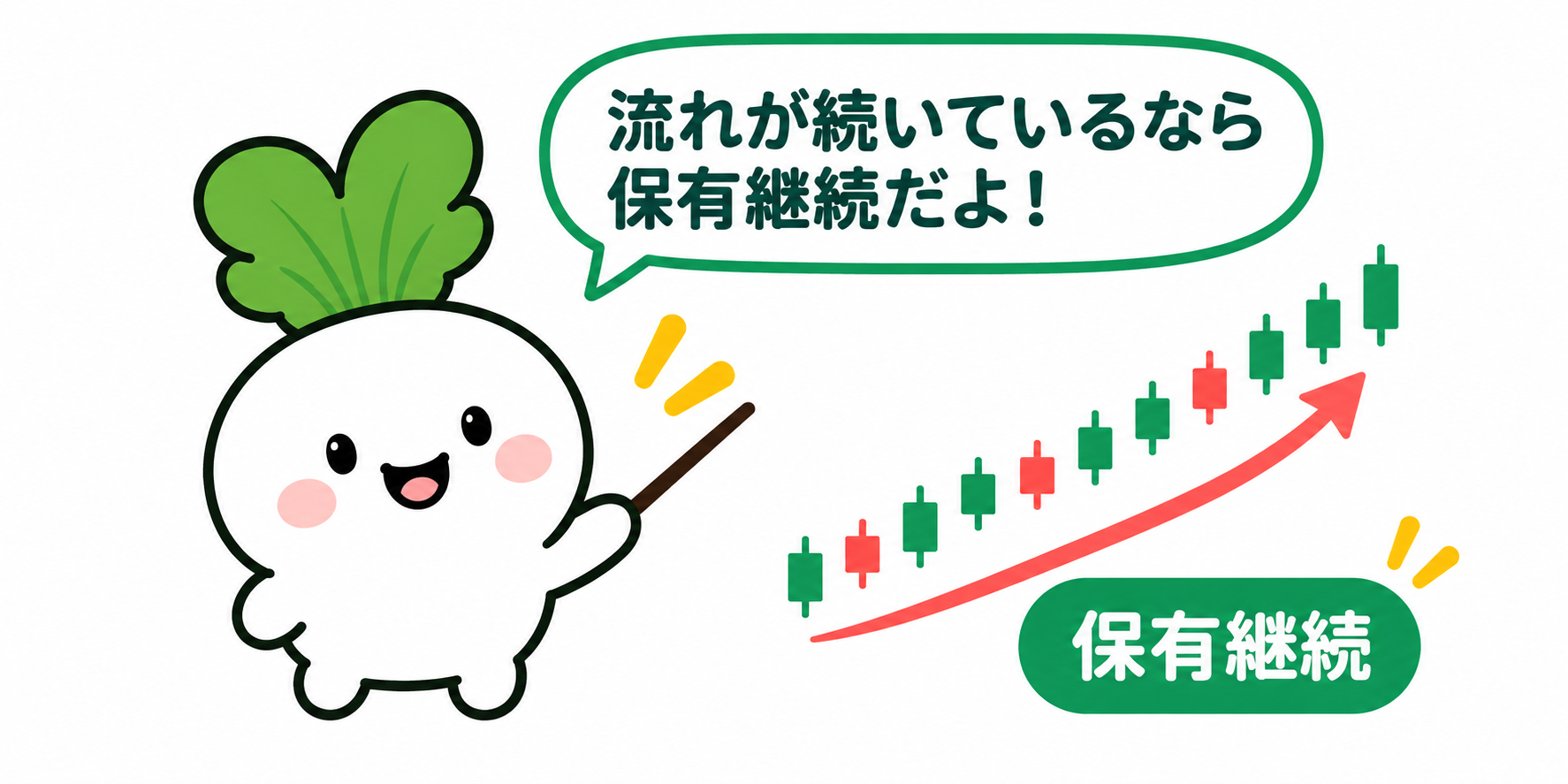 上向く株価の流れが続いている状態を「保有継続」として示す図解。